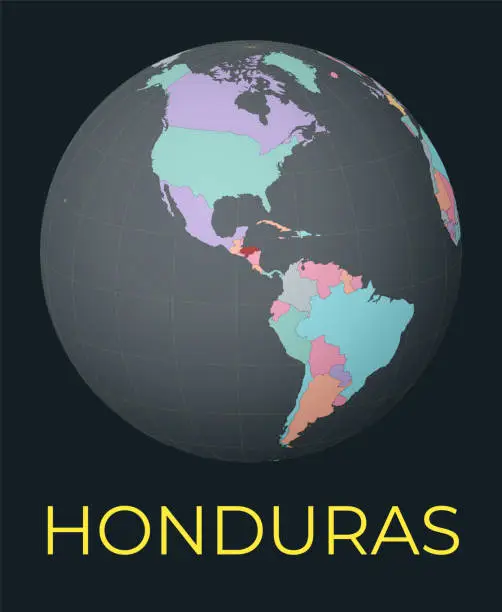 Vector illustration of World map centered to Honduras. Red country highlighted. Satellite world view centered to country with name. Vector Illustration.