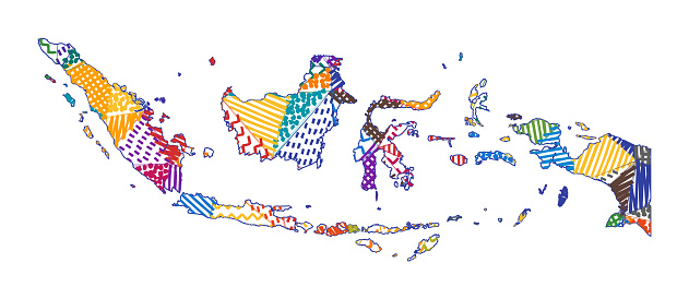 Kid style map of Indonesia. Hand drawn polygons in the shape of Indonesia. Vector illustration.