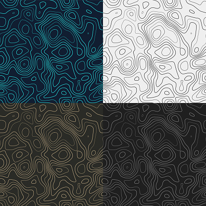 Topography patterns. Seamless elevation map tiles. Appealing isoline background. Neat tileable patterns. Vector illustration.