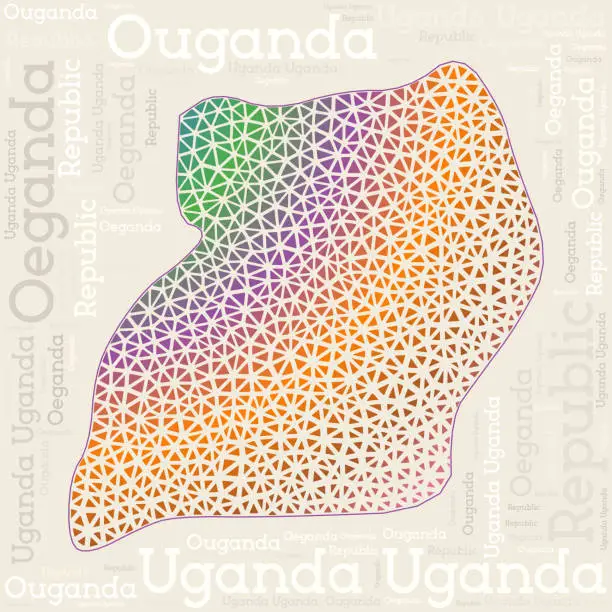 Vector illustration of UGANDA map design. Country names in different languages and map shape with geometric low poly triangles. Cool vector illustration of Uganda.