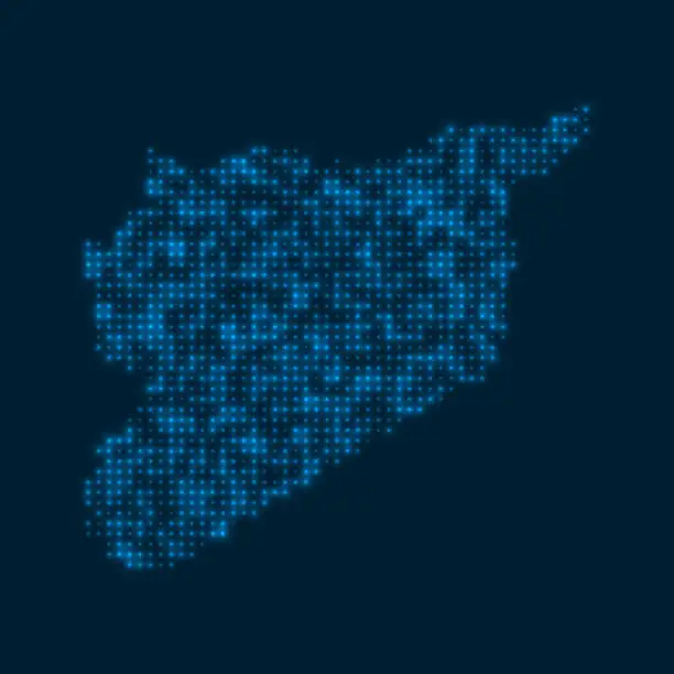 Vector illustration of Syria dotted glowing map. Shape of the country with blue bright bulbs. Vector illustration.