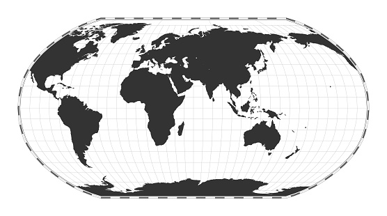 Vector world map. Robinson projection. Plain world geographical map with latitude and longitude lines. Centered to 60deg W longitude. Vector illustration.