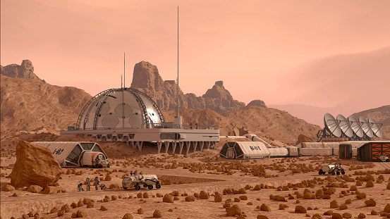 Mars colony base camp, with habitation domes, rovers, communication antennas, and working astronauts. 3D rendered illustration.