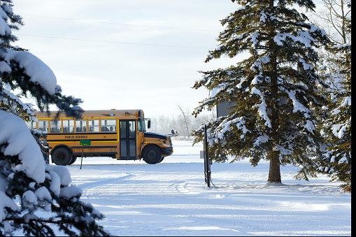 Yellow public school bus arrived to the remote location in rural area to pick up a child in winter cold day.