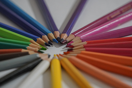 Close-up of multi colored sharpened pencils. Shallow depth of field.