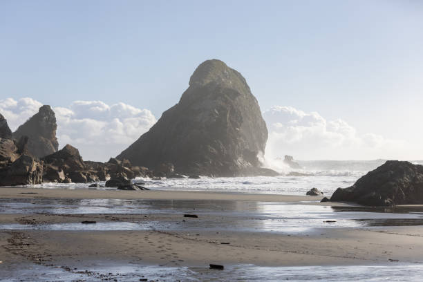 una spiaggia rocciosa con una grande roccia in lontananza - beauty in nature cloud rocky coastline rock foto e immagini stock