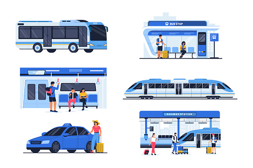 People in public transport. People travel by train, bus and subway, public transport interior, persons standing and sitting. Vector flat illustration