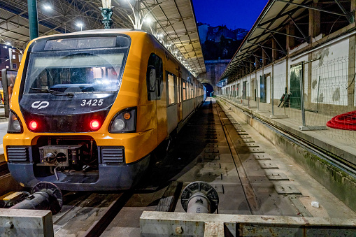 Porto, Portugal - October 5, 2023: Railway station platform at Sao Bento railway station in Porto, Portugal.
