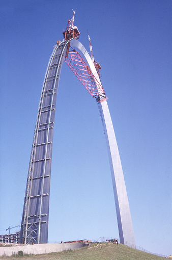 Closing the gap on Gateway Arch in Gateway Arch National Park, St. Louis, Missouri, USA October 1965.