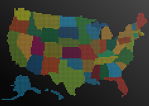 Map of the United States vector illustration with multicolored halftone Pattern. Colors can be changed easily.