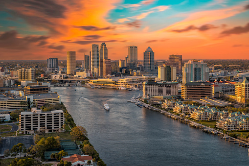Aerial view of Tampa, Florida at sunset