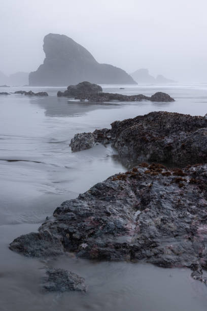 istock A rocky shoreline with a large rock in the foreground 2054396419