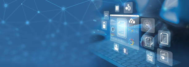 Data,Document,Database,Business,Technology,Intelligence,Contract,Paperwork,Artificial Intelligence,Enterprise Resource Planning,Organization,Paper,Page,Office,Development,Automated,Manager,File Folder,Leadership,Virtual Reality,Communication, Businesswoman using a computer to document management concept, online documentation database and digital file storage system/software, records keeping, database technology, file access, doc, sharing. email marketing automation stock pictures, royalty-free photos & images