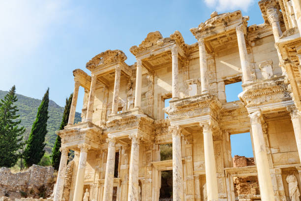 view of the the library of celsus in ephesus (efes). - celsus zdjęcia i obrazy z banku zdjęć