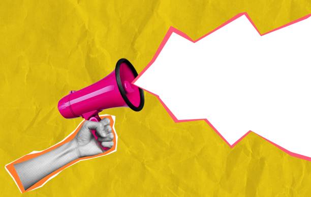 istock Megaphone and paper cut out space for announcing promotion. Advertising concept. Collage contemporary art isolated Halftone design. 2054553801