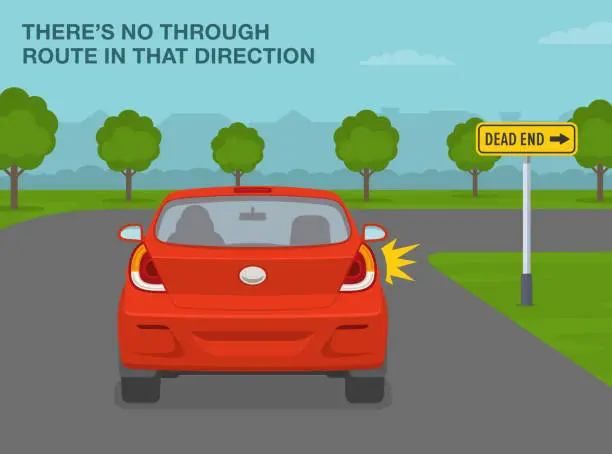 Vector illustration of Safe driving tips and traffic regulation rules. Dead end on the right sign meaning. Back view of a red car turning right. Vector illustration template.