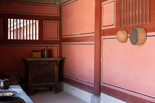 Kitchen of Hwaseong Haenggung, temporary palace where the king used to stay when he traveled outside of Seoul, South Korea. with the autumn nature background. It is famous as K-drama filming location.
