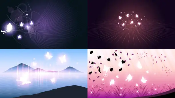 Vector illustration of Set Abstract Collection Dark Background With Butterflies Insects Glow Light Shine Flashes Vector Design Style