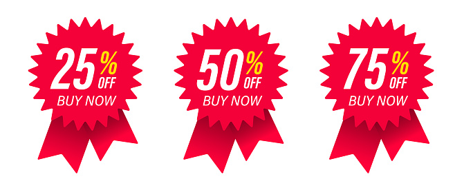 Different discount price 25, 50 and 75 percent. Promotion sticker badge set for shopping marketing and advertisement, clearance sale, special offer, banner, element, Save money. Vector illustration.