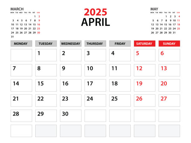 illustrations, cliparts, dessins animés et icônes de modèle de calendrier 2025, année d’avril 2025, modèle de planificateur, planificateurs mensuels et annuels, semaine de début lundi, conception de calendrier mural, planificateur d’entreprise, calendrier de bureau 2025, impression, vecteur - avril