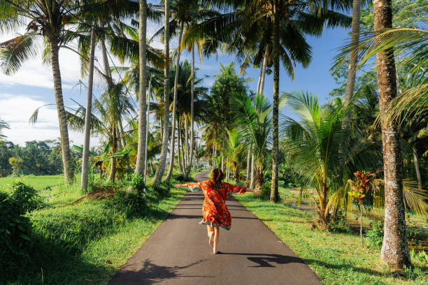 istock Woman running in coconut tree grove on Bali 2054677876