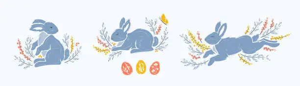 Vector illustration of Easter Bunnies, Easter Eggs, Spring Floral Elements Vector Set. Cute Blue Bunny, Leaves and Flowers.