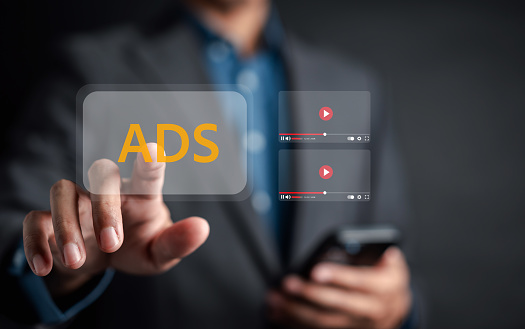 Video Ads on mobile phone, Digital marketing online advertising to target customers. ADs on website customer engagement concept.