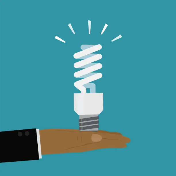 Vector illustration of Businessman holds energy efficient light bulb. Saving energy and resources. African american guy give new generation electric lightbulb. Energy saving technology.