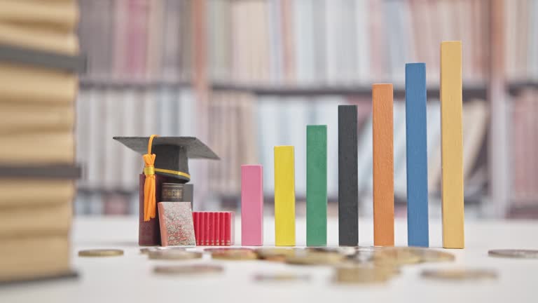 Student loans : Financial aid helping students afford higher education. Borrowed funds for college or university expenses. Graduation cap, books, increasing height wood bar graph, coins on a table.