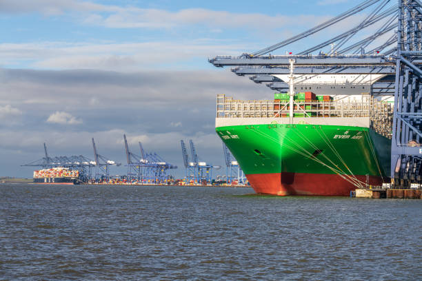 The Ebba Maersk, one of the largest container ships in the world in the port of Hamburg. A ship for the transport of goods which reflects the globilisation and the upswing.