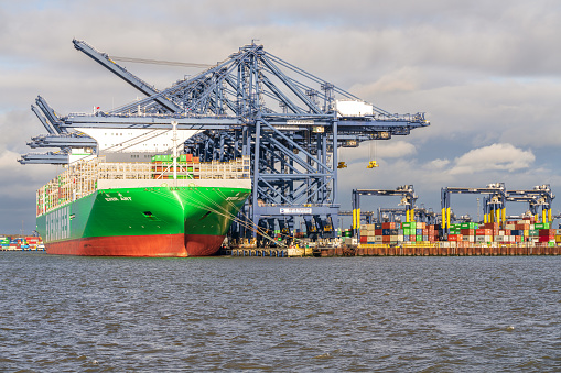 Felixstowe, Suffolk, England, UK - November 22, 2022: View of a container ship in Felixstowe Harbour