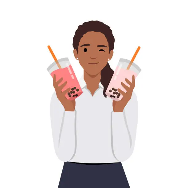 Vector illustration of Illustration of a girl holding tapioca pudding or boba drink milk