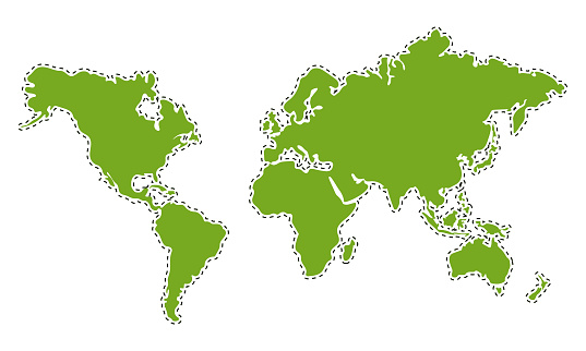 The continents of the earth in green circled with a dotted line. Silhouette of the earth.