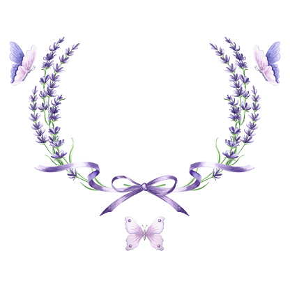 Watercolor round frame of purple lavender flowers tied in a bow with ribbons and butterflies. Template with copy space. Isolated hand drawn illustration floral herbs for invitations, cards, textile