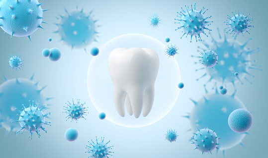 A barrier protects dental health from bacteria.Protect teeth from germs and microbes. 3d rendering.