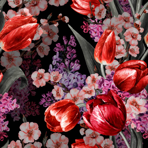 istock Spring blooming flowers print. Hand drawn watercolor seamless pattern on the black background 2054796840