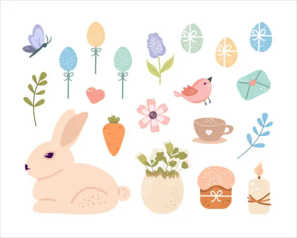 Vector illustration of Cute set happy Easter design elements in pastel colors.