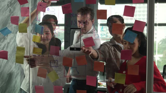 Business team brainstorming marketing idea by using sticky notes. Manipulator.