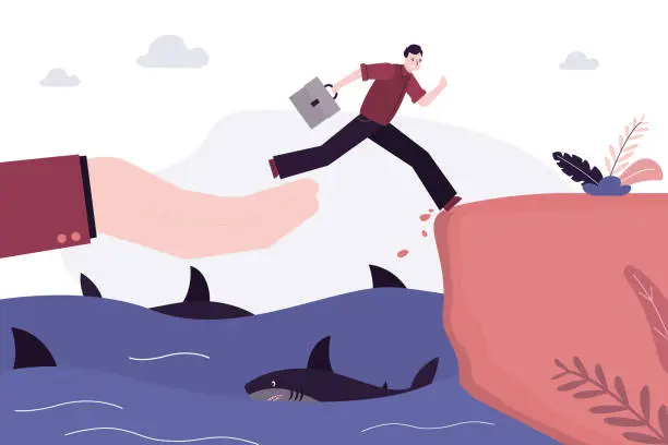 Vector illustration of Business coach hand helping businessman jumping over sharks in water. Obstacle on business road, financial crisis. Mentorship, teamwork, cooperation. Risk management challenge.