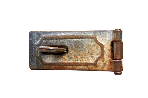 The iron door hinge is old, rusted, and damaged isolated on white background with clipping path.