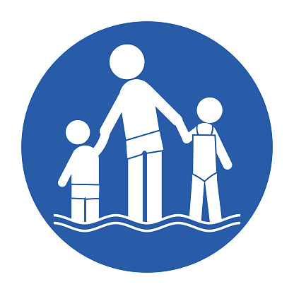 Blue round sign parent hold children in water for supervise kid on swimming pool