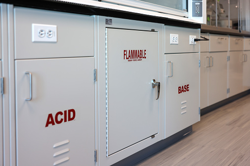 chemical storage cabinet for acid, base and flammables in a chemistry laboratory