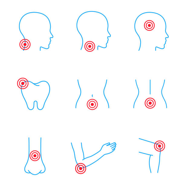 몸의 통증, 부상 아이콘 설정. 신체 부위 통증 템플릿을 디자인합니다. 편두통, 치통, 요통, 인후통, 목 통증, 코, 생리, 관절, 관절염, 류머티즘. 윤곽선 스타일의 벡터 그림 - 16324 stock illustrations