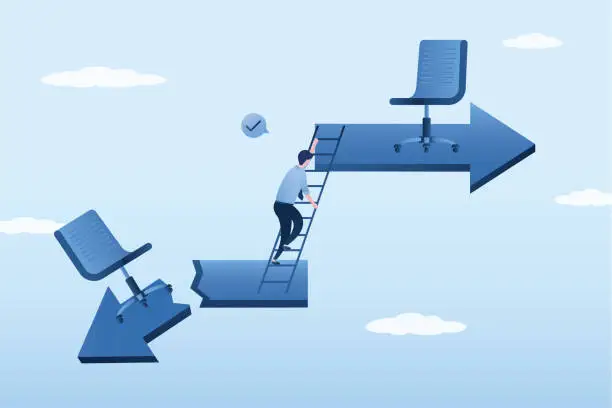 Vector illustration of Ambitious worker man changes job. Improving working conditions, person goes to work in promising team. Businessman climbs from arrow to other direction. Employee decides to go different path,