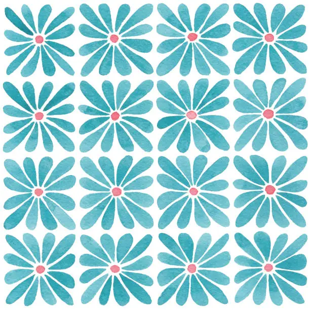 Vector illustration of Pattern of Teal Watercolor Daisies