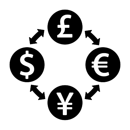 Currency exchange. Dollar, GBP, Euro and Yuan symbols.