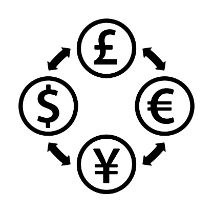 Currency exchange. Dollar, GBP, Euro and Yuan symbols.