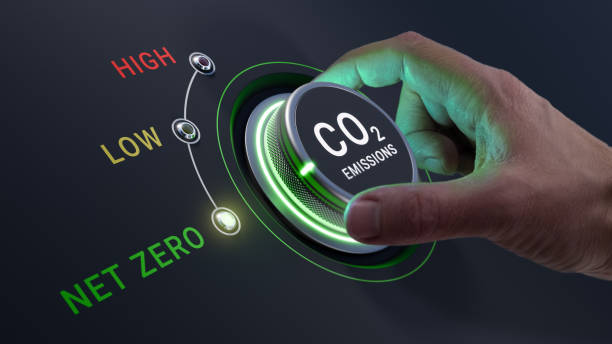 istock Net zero CO2 emissions and carbon neutrality target. Person's hand turning knob to lower greenhouse gas emissions. Decarbonize to reach climate neutral. Sustainable development, renewable energies. 2054862661