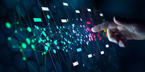 Photo of Big data analytics with AI technology. Data analyst analyzing and visualizing complex information network with artificial intelligence. Machine learning algorithm for business analytics and finance.