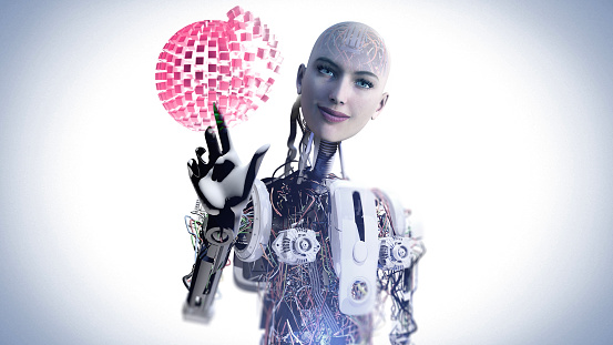 Robot with beautiful face and artificial intelligence shows virtual ball. / You can see the animation movie of this image from my iStock video portfolio. Video number: 2051028627